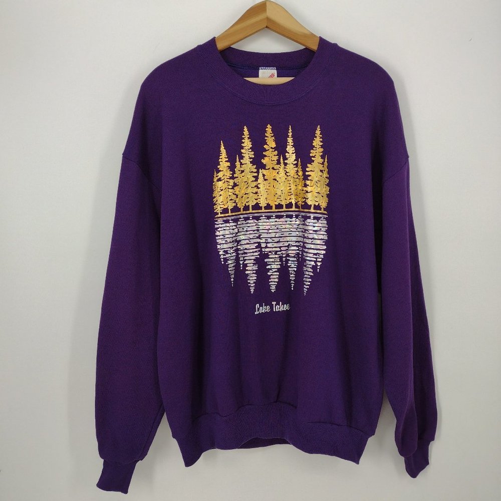 Vintage 80s Lake Tahoe Pine Tree Reflection Silver Gold & Purple Sweatshirt